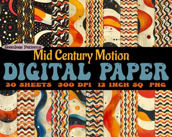 May include: A set of 20 digital papers featuring mid-century modern geometric patterns in orange, yellow, black, and white. The papers are 12 inches square and 300 DPI.