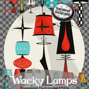 May include: A collection of retro-style lamps with various designs and colors. The lampshades feature patterns like polka dots, stripes, and geometric shapes. The image includes the text "Wacky Lamps" and "Transparent Background PNGs".