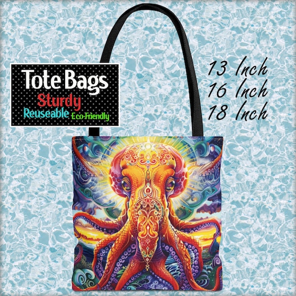 Psychedelic Luminescent Octopus Tote Bags in 3 Sizes 13 16 18 inch | for squid enthusiasts, fans of invertebrates AOP bag with black handles