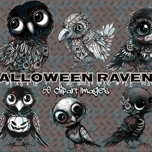 May include: A set of 60 Halloween raven clip art images. The ravens are depicted in various poses and styles, including some with intricate details and others with a more cartoonish look. The ravens are all black and white, with some having red eyes. The images are perfect for use in Halloween crafts, decorations, and other projects.