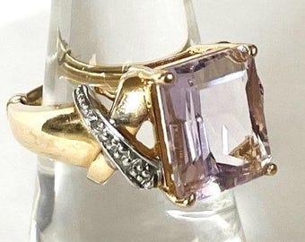 Vintage 14K Light Lilac-Pink Kunzite Ring, Diamond accents, Fine Estate Jewelry, Engagement Ring, Solid Yellow Gold and White Gold