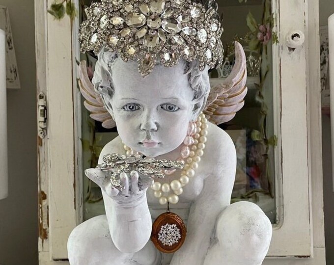 Crowned Cherub W/ DRAGONFLY Statue Shabby Chic VINTAGE LOCKET Rusty ...