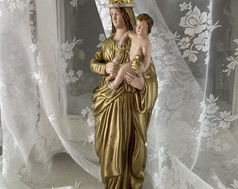 13" Antique Crowned Madonna and Child Statue, Vintage Mother Mary Statue, Gold Virgin Mary Sculpture, Catholic Chalkware Statue, Italy