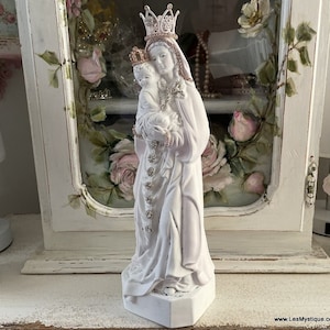 Crowned Madonna and Child Statue Shabby Pink & White Virgin Mary w/ Crucifix Jeweled Virgin Mary Statue Rhinestone Crown