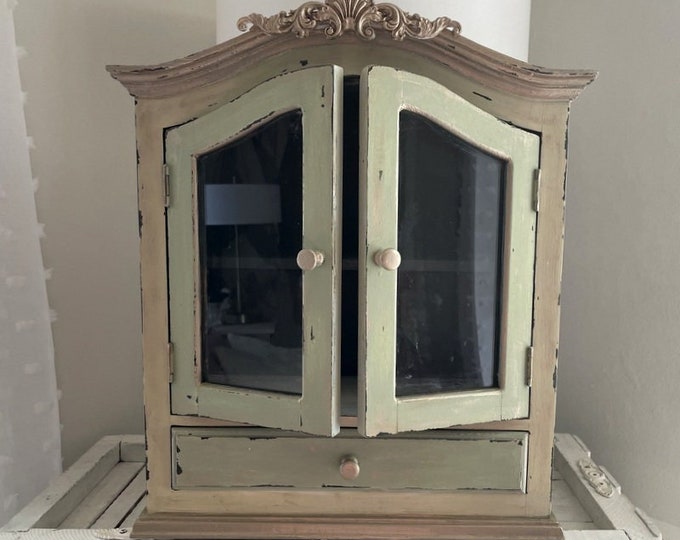 Vintage Distressed Display Glass Doors Wall Curio Vintage Farmhouse Solid Wood