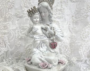 Vintage Crowned Madonna and Child Statue, Shabby Chic, Jeweled Rhinestone Virgin Mary, Heart Prayer Locket, Mother Mary and Jesus with crown
