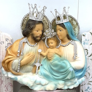 Vintage Rhinestone Crowned Virgin Mary Holy Family Statue Chalkware Mother Mary Jeweled Nativity St Joseph Baby Jesus Wall Hanging
