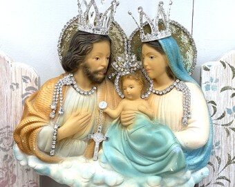 Vintage Rhinestone Crowned Holy Family Statue Chalkware Virgin Mary, St. Joseph, Jesus, Wall decor, Catholic Wall Hanging, Jeweled Statue