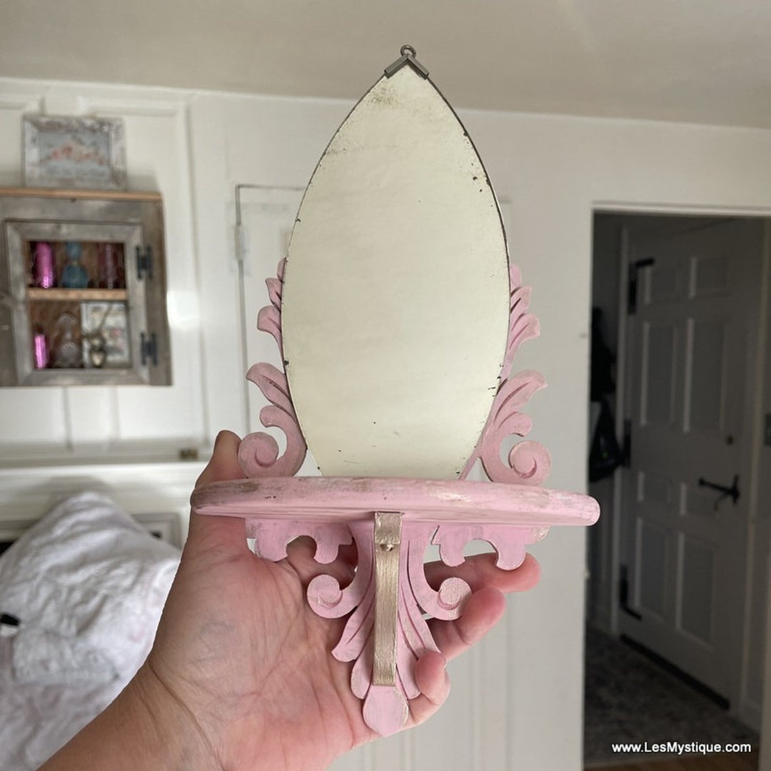 Vintage Mirror Wall Shelf Pink Shabby Chic Cottage Wood Wall Shelf Decorative Shelf Home Decor