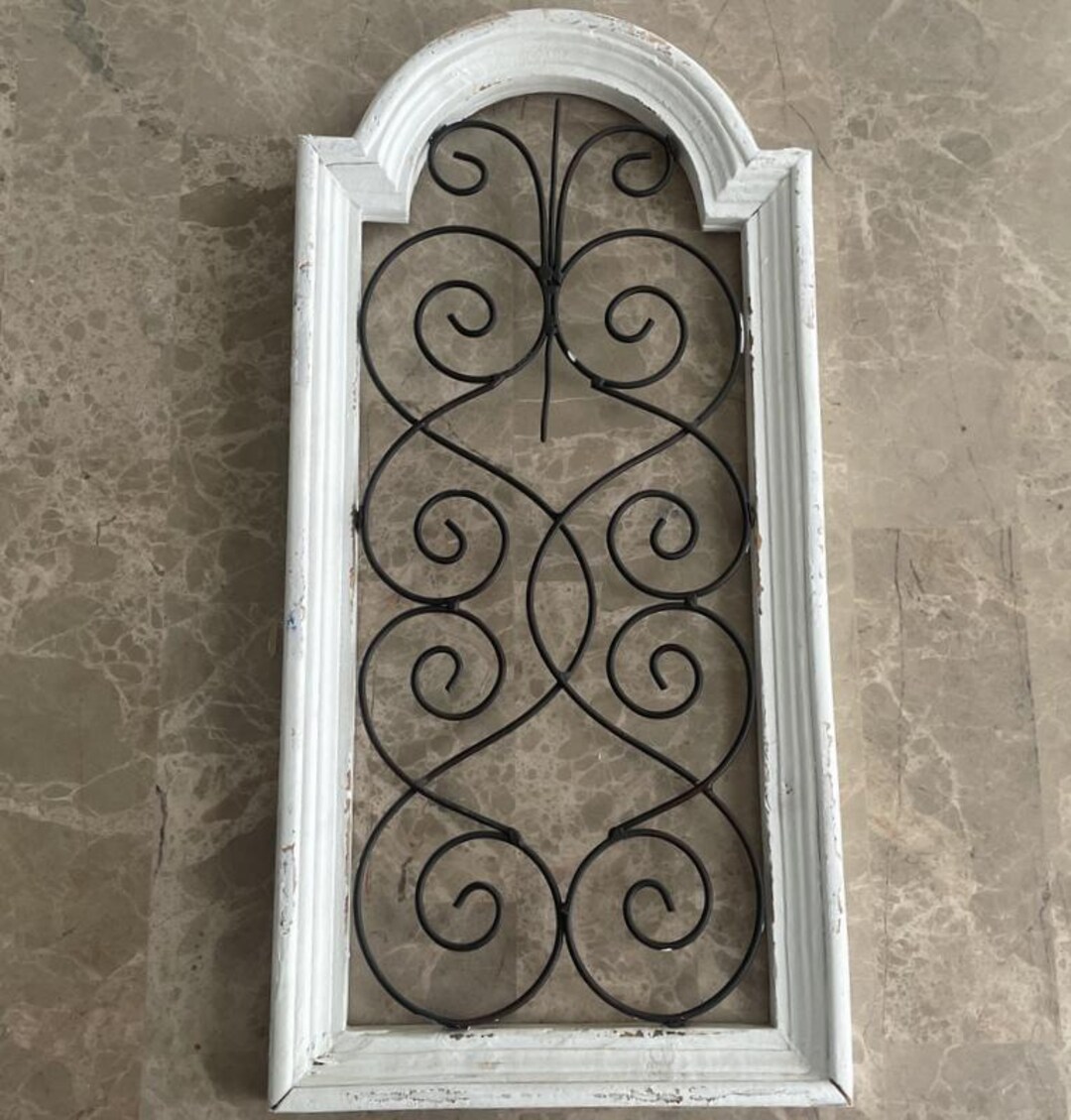 Distressed White Reclaimed Wood Metal Scroll Wall Hanging Chippy ...