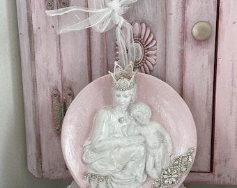 Vintage Jeweled Virgin Mary Statue, Shabby Pink White Rhinestone Madonna and Child Wall hanging, Catholic Mother Mary decor