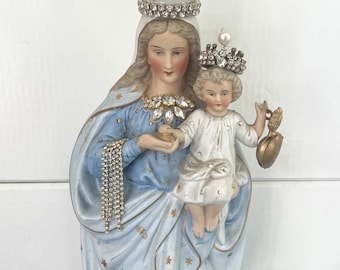 Antique Crowned Madonna and Child Statue, Jeweled Rhinestone Virgin Mary, Sacred Heart Prayer Locket, Vintage Mother Mary Statue with crown