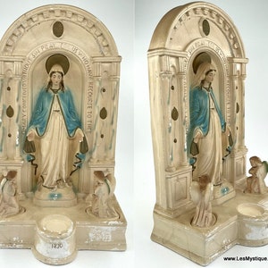 17" Chalkware Virgin Mary Shrine Our Lady Of Grace Altar Candle Holder Niche Vintage Virgin Mary Angel Altar Shrine Miraculous Medal Antique