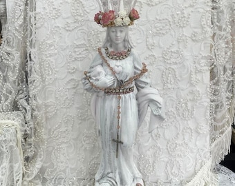 Vintage Crowned Virgin Mary Statue: Shabby Chic French Country Decor, Rhinestone Mother Mary Immaculate Statue, Handcrafted Crown with Roses
