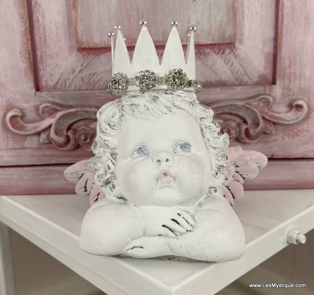 Concrete Angelic Crowned Cherub Statue Jeweled Rhinestone Crown Pink