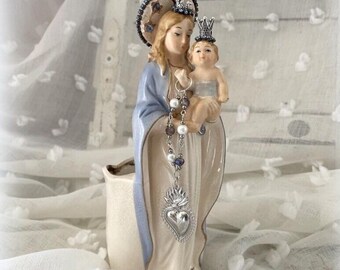 Vintage Crowned Madonna and Child Statue, Rhinestone Crown, Jeweled Virgin Mary Planter Vase, Sacred Heart Glass Pearl Beads Rhinestone Halo