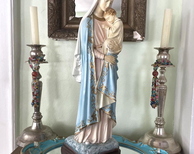 16" Antique Madonna and Child Statue Vintage Virgin Mary Statue Crowned ...