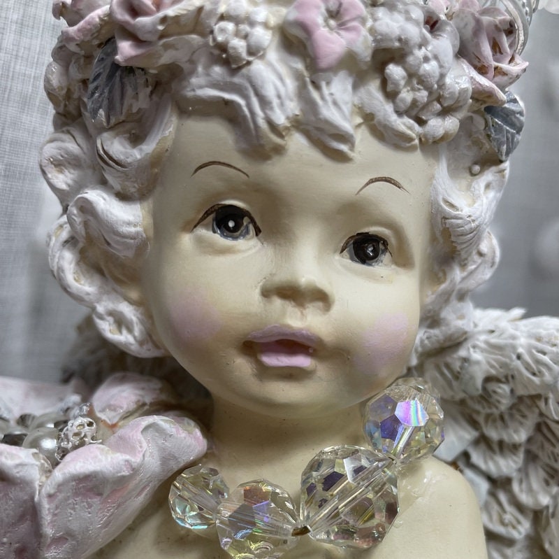Jeweled Cherub Statue Blushing Cherub Pink Lips Silver Crown Bunny
