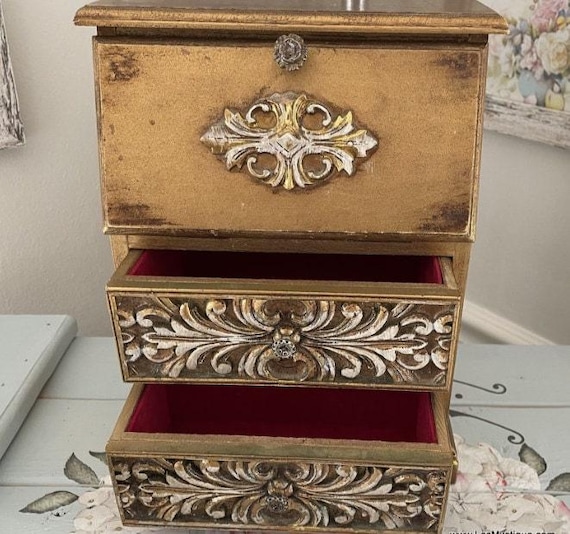 French Country Cabinet, Drop Leaf Jewelry Box, Storage Cabinet, Wood Tabletop Office Cabinet, Shabby  Decor, French Farmhouse, Shabby Glam