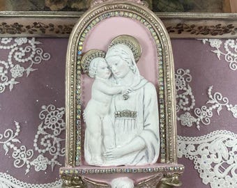Vintage Rhinestone Madonna and Child Statue, Jeweled Virgin Mary and Cherub Wall hanging, Shabby Chic Pink and White Mother Mary and Angel
