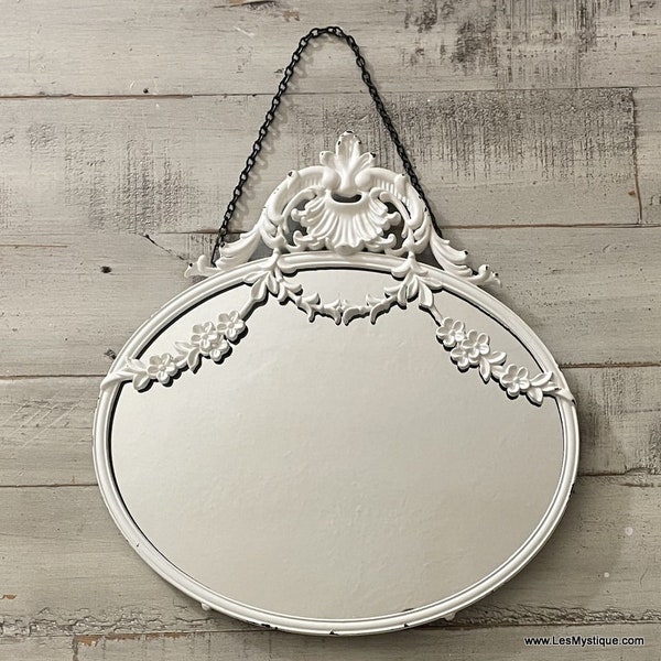Vintage Mirror Chippy White Metal Shabby French Cottage Chic Accent Mirror French Country Home Decor Ornate Floral Mirror Wall Hanging