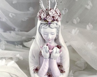 Shabby Chic Jeweled Virgin Mary Statue with Rhinestone Crown, Pink Roses, Mystical Rose