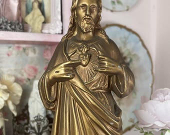 Original Vintage Sacred Heart of Jesus Statue Antique Gold Catholic Statue, Christian Decor, Religious Decor, Catholic Art Sculpture