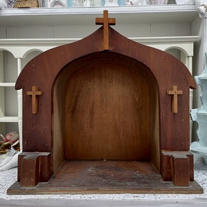 21&quot; Antique Wooden Shrine Arched Chapel Wood Niche Statuary Display Catholic Altar Table top Vintage Wood Statue Shrine Religious décor