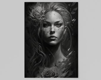 Beautiful Woman with Rose Digital Art Print in Charcoal style
