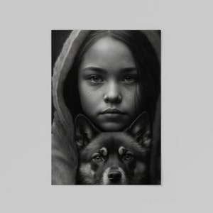 Girl and Dog Digital Art Print in Charcoal style