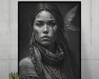 Cherokee Woman Digital Art Print in Charcoal Style
