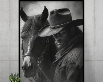 Cowboy Digital Art Print in Charcoal Style