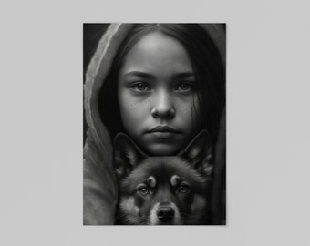 Girl and Dog Digital Art Print in Charcoal style