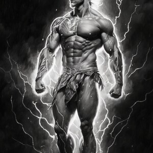 May include: A black and white illustration of a muscular figure with lightning bolts behind them. The figure is wearing a loincloth and has a determined expression on their face.