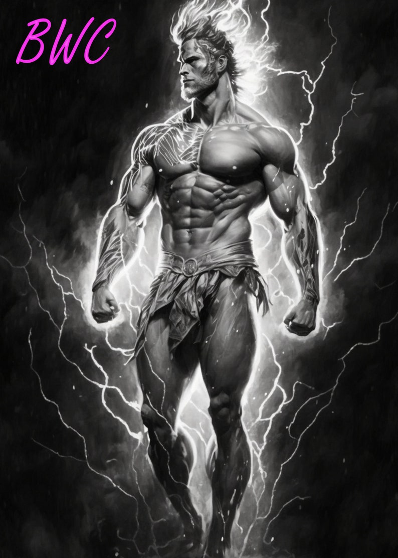 May include: A black and white illustration of a muscular figure with lightning bolts behind them. The figure is wearing a loincloth and has a determined expression on their face.