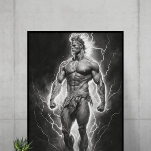 May include: A black and white illustration of a muscular figure standing with their arms raised, surrounded by lightning bolts.