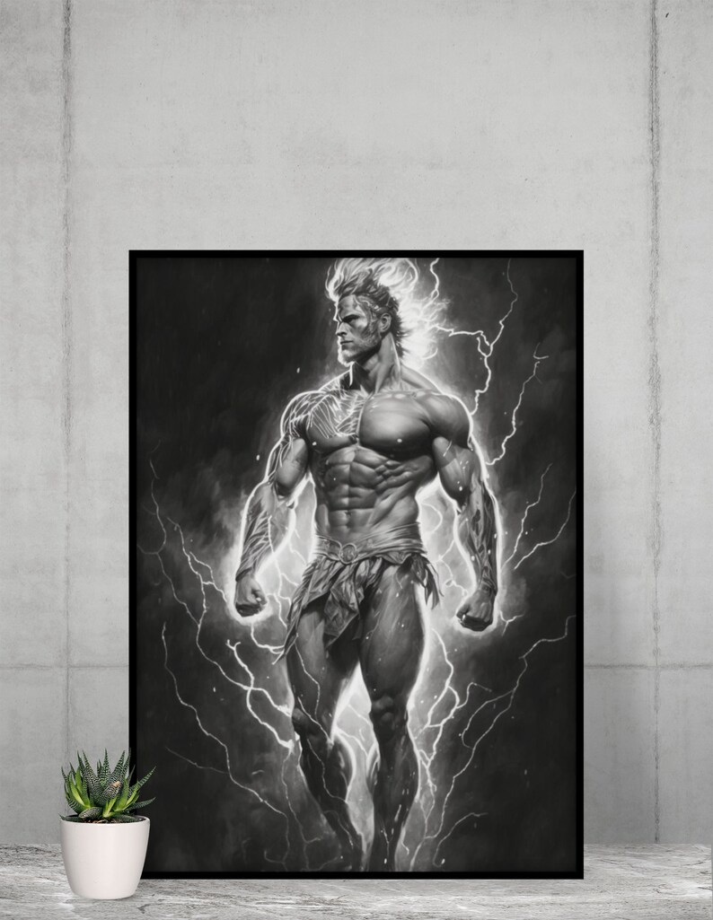 May include: A black and white illustration of a muscular figure standing with their arms raised, surrounded by lightning bolts.