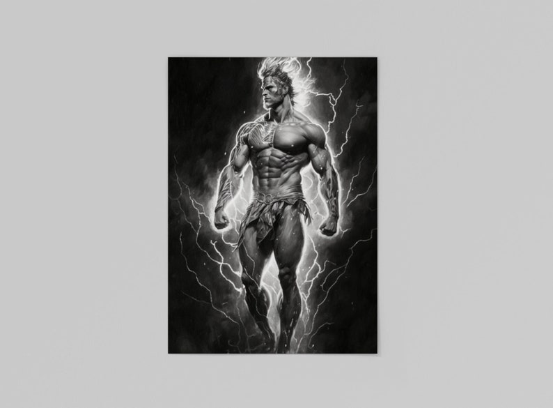 May include: Black and white illustration of a muscular figure with lightning bolts behind them. The figure is standing with their arms raised and their fists clenched.