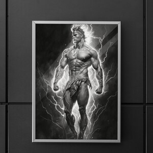 May include: A black and white illustration of a muscular figure standing in a powerful pose, surrounded by stylized lightning bolts. The figure is wearing a simple loincloth and has a determined expression on their face.