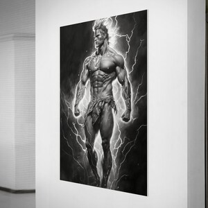 May include: Black and white illustration of a muscular figure standing with lightning bolts around them. The figure is wearing a loincloth and has a determined expression.
