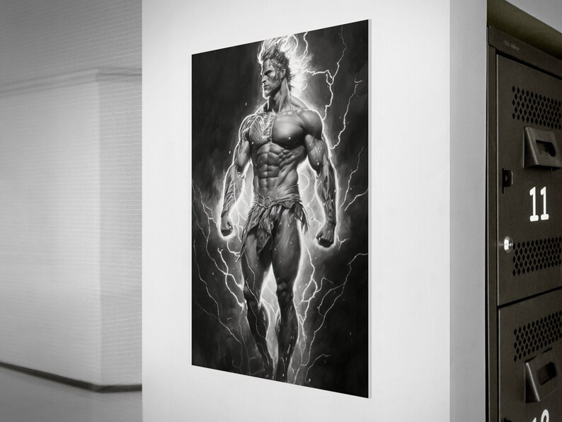 May include: Black and white illustration of a muscular figure standing with lightning bolts around them. The figure is wearing a loincloth and has a determined expression.