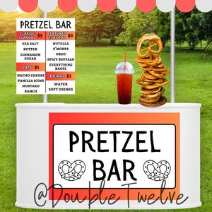 Mobilne znaki firmowe Pretzel Cart Wyświetl menu, znak Food Truck, stoisko sprzedawcy na targu rzemieślniczym, edytowalny szablon Canva w formacie PDF