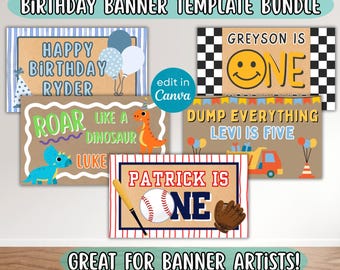 Painted Birthday Banner Template Bundle | Hand-Painted Banners Boys Party Signs | Editable Canva Designs to Trace & Paint, Dinosaur Sports