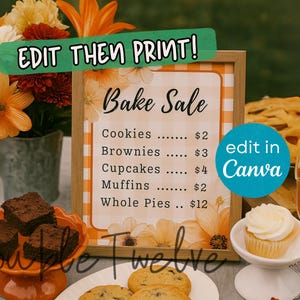 Fall Bake Sale Sign Template, Printable Bake Sale Menu for Craft Fairs, School Events & Farmers Markets Booth, Pricing List Canva Template
