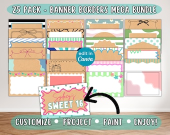 Painted Banner Borders + Frames Mega Bundle, Canva Template Customizable Digital Mockups, Baby Shower, Easter, Birthday Banners & Signs