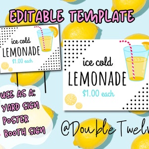 Custom Lemonade Stand Yard Sign, Lemonade Booth Sign, Personalized Kids Lemonade Stand Poster Sign, Lemons, Editable Template, Vendor Booth