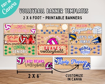 Banery do druku z motywem siatkówki, 2 x 6 stóp – do druku w Walgreens Banner, Baner na wieczór seniorów, Znaki maskotki drużyny, Różowy baner z nazwami drużyn siatkarskich