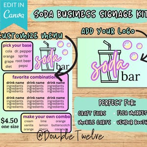 May include: A soda bar signage kit with customizable menu options. Includes a sign with a soda cup graphic and the words "Soda Bar" in a purple script font. The kit is designed for craft fairs, flea markets, mobile carts, and vendor booths.