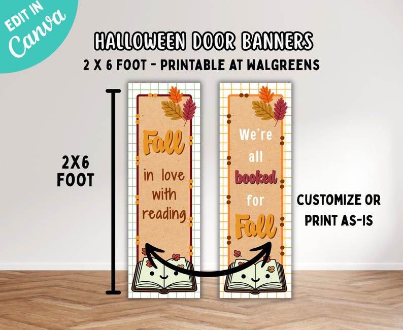 Puede incluir: Dos pancartas verticales rectangulares para puerta que miden 61 x 183 cm. La pancarta izquierda tiene el texto Fall in love with reading y la derecha We're all booked for Fall. Ambas incluyen gr&aacute;ficos de hojas de oto&ntilde;o y un libro abierto.