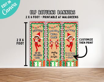 Puede incluir: Tres pancartas rectangulares verticales de 2 por 6 pies, con temática navideña, bordes a rayas rojas y blancas, luces y cajas de regalo. Las pancartas muestran elfos de dibujos animados y el texto Surprise, We're back e I'm back.